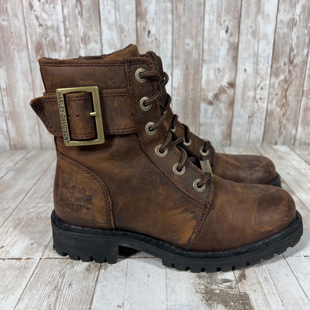 Harley-Davidson Womens Brown Leather Motorcycle Boots D87087 Buckle Zip Size 5M
